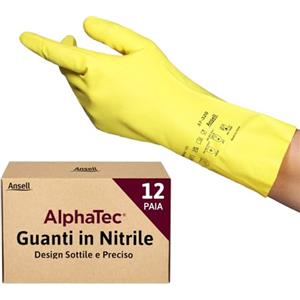 Ansell AlphaTec 37-320 Guanti da Lavoro in Nitrile, Protezione Multiuso per Usi Alimentari, Domestici e Professionali, Guanti Riutilizzabili Senza Lattice, Giallo, Taglia M (12 Paia)
