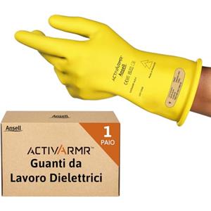 Ansell ActivArmr Guanti Dielettrici per Elettricisti, Classe 00 (Tensione fino 500V), Protezione per Lavori Elettrici, Lattice di Gomma Isolante, 28cm, Giallo, Taglia M (1 Paio)