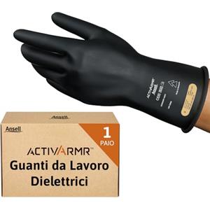 Ansell ActivArmr Guanti Dielettrici per Elettricisti, Classe 0 (Tensione fino 1000V), Protezione per Lavori Elettrici, Lattice di Gomma Isolante, 28cm, Nero, Taglia XL (1 Paio)