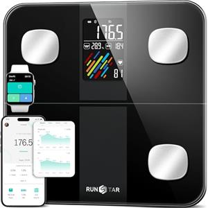 RunStar Bilancia Pesapersone Digitale, Bilancia Smart Peso Corporeo/Percentuale Grasso, Ampio Display BMI, FC, Analizza 15 Dati Composizione Corporea, Analyzer Sync Fitness App, 400lb