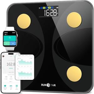 RunStar Bilancia pesapersone e percentuale grasso, Bilancia smart digitale e precisa con ampio display, Analizzatore di 13 dati di composizione corporea, Sync App - Oro Nero