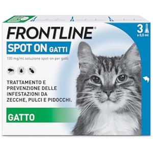 FRONTLINE Spot On, 3 Pipette, Gatto, Antiparassitario per Gatti e Gattini di Lunga Durata, Protegge da Zecche, Pulci e Pidocchi, Antipulci in Confezione da 3 Pipette da 0.5 ml