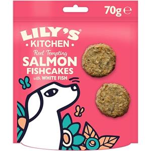 Lily's Kitchen Lily's Kitchen Snack per cani - Fishcake al salmone con pesce bianco, ricetta senza cereali, con pesce preparato fresco, 8 x 70 g, per cani adulti