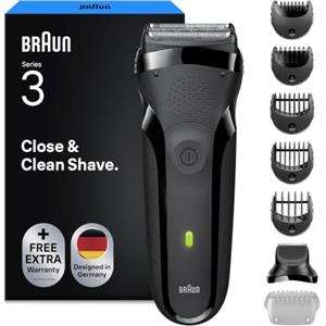 Braun Rasoio elettrico da uomo, serie 3, rasoio a secco, 5 pettini, grigio | Include accessorio per regolabarba, 3 lame flessibili, batteria ricaricabile, prodotto in Germania, modello 300BT