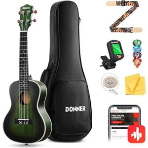 Donner Ukulele Concerto 23 pollici Mogano DUC-200G Verde, kit Ukulele professionale per adulti principianti, con lezioni online, custodia, corde Aquila, plettro, accordatore, tracolla e panno