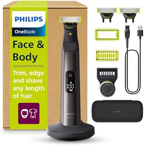 Philips OneBlade Pro 360 Autentico Regolabarba elettrico per viso e corpo, rasoio e depilatore, 3x 360 lame, 1x pettine da 20, 1x kit corpo, 1x supporto di ricarica, 1x custodia da viaggio, QP6652/35