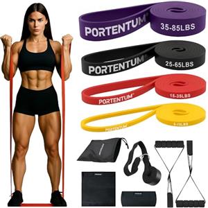 PORTENTUM Elastici fitness - Set da 10 - Bande elastiche 4 livelli intensità - Maniglie, ancoraggio porta, protezioni e borsa - Elastico palestra in casa uomini e donne - Forza Crossfit Yoga Pilates