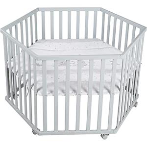 roba Box Esagonale per Bambini e Neonati Sternenzauber - con Materassino e Ruote con Freni - Regolabile in 3 Altezze - da 0 a 24 Mesi - Legno Laccato Grigio