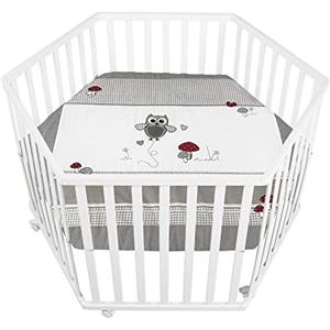 roba Box Esagonale per Bambini e Neonati Adam & Eule - Griglia di Gioco Sicura Inclusa - Cuscinetti di Protezione e Ruote - Legno Laccato Bianco