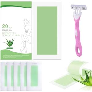 EPMOCN 20 Strisce di Cera Aloe Vera + Rasoio + 5 Strisce Viso, Depilazione Delicata per Viso Corpo Gambe Braccia, Strisce Depilatorie per Uomini e Donne