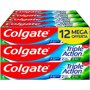 Colgate - Dentifricio Triple Action 12x75ml (Consegna in 48 Ore), Dentifricio Protezione contro la Carie, Denti Bianchi, Alito Fresco, Protezione Smalto, Formula Sbiancante e Rinfrescante