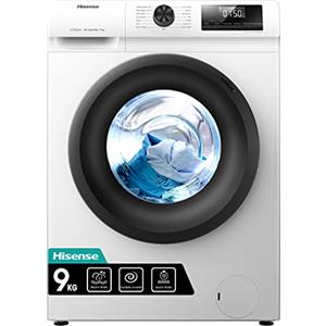 Hisense WFQP9014EVM - Lavatrice Carica Frontale 9 kg con Vapore, 1200 rpm, Classe C, 15 Programmi, Motore Inverter, Quick Wash 15', Delay End, Child Lock, Display LED, Certificazione Sostenibilità