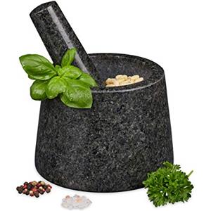 Relaxdays Mortaio e Pestello, in Granito, Robusto, Erbe Aromatiche e Spezie, in Pietra Lucida, D: 13,5 cm, Grigio Scuro
