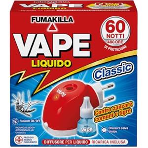 Vape Diffusore Liquido Antizanzare + Ricarica Liquida Classic 60 Notti 30 ml, Diffusore Elettrico per Zanzare, Antizanzare con Ricarica Efficiente 480 Ore, Protezione Contro Zanzare Comuni e Tigre