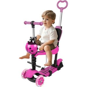 MUL-BOUTIQUE Trotinette bambino 5 in 1 a forma di coccinella con manico di spinta, Trotinette multifunzione regolabile in alluminio, ruote luminose silenziose, carico massimo 50 kg per bambini 2-8 anni