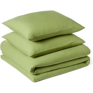 Amazon Basics Set Copripiumino Una Piazza e Mezza in Microfibra Prelavata, Extra Morbido con Effetto Naturale Arricciato,Non Necessita Stiratura,Copripiumino da 200x200 cm e 2 Federe da 80x80 cm,Verde