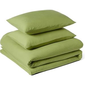 Amazon Basics Set Copripiumino Matrimoniale in Microfibra Prelavata, Extra Morbido con Effetto Naturale Arricciato, Non Necessita Stiratura, Copripiumino da 240 x 220 cm e 2 Federe da 50 x 80 cm,Verde