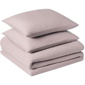 Amazon Basics Set Copripiumino Una Piazza e Mezza in Microfibra Prelavata,Extra Morbido con Effetto Naturale Arricciato,Non Necessita Stiratura,Copripiumino da 200x200 cm e 2 Federe da 80x80 cm, Viola