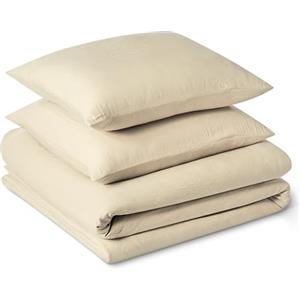 Amazon Basics Set Copripiumino Una Piazza e Mezza in Microfibra Prelavata,Extra Morbido con Effetto Naturale Arricciato,Non Necessita Stiratura,Copripiumino da 200x200 cm e 2 Federe da 80x80 cm, Beige