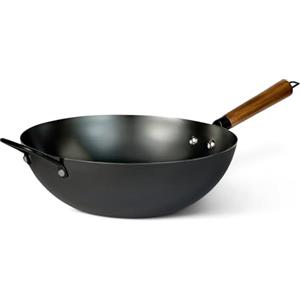 Amazon Basics Wok Pretrattato in Acciaio al Carbonio con Manico in Legno di Acacia, Adatto a Tutti i Piani Cottura, 32cm