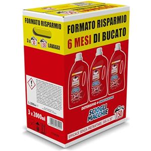 Omino Bianco - Detersivo Lavatrice Liquido Scioglimacchie 2in1, 150 Lavaggi, Rimuove Macchie Difficili, Rispetta Bianchi e Colorati, 2000 ml x 3 Confezioni
