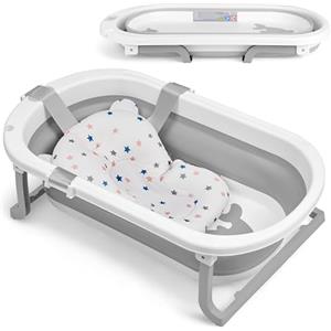 Kikka Boo KikkaBoo Vaschetta Bagnetto Neonato Pieghevole WILLY, Salvaspazio con Termometro Integrato, Cuscino Morbido di Supporto, Gambe Antiscivolo, 0-36 Mesi, Regalo Nascita Bambino, Grigio