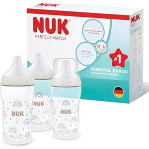 NUK Set biberon Perfect Match | 3+ mesi | Si adatta al palato del bambino | Controllo della temperatura | Sfiato anti-colica | 260 ml | Senza BPA | Tettarella media in silicone | Arcobaleno | 3 pz
