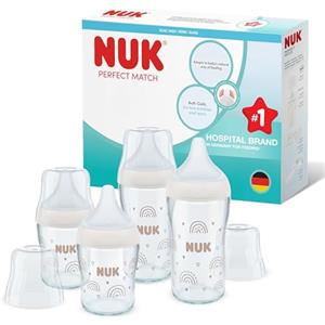 NUK Set biberon vetro Perfect Match | 3+ mesi | Si adatta al palato del bambino | Controllo temperatura | Sfiato anti-colica | 120 ml e 230 ml | Senza BPA | Tettarelle in silicone | Arcobaleno | 4 pz