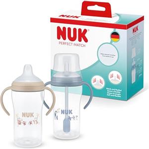 NUK Perfect Match Learner Biberon | 6+ mesi | 260 ml | Bicchiere antigoccia con cannuccia per bambini | Manici antiscivolo | Blu | Confezione da 2