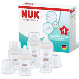 NUK Set biberon Perfect Match | 3+ mesi | Si adatta al palato del bambino | Controllo della temperatura | Sfiato anti-colica | 150 ml e 260 ml | Senza BPA | Tettarelle in silicone | Arcobaleno | 4 pz