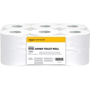 AmazonCommercial Rotoli di Carta Igienica Mini Jumbo, Premium 2 Veli, 12 Rotoli (1 Confezione), 557 Strappi per Rotolo, Dimensioni Foglio: 30,5cm x 9cm, Compatibile con Dispenser T2