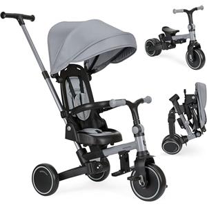 Kikka Boo KikkaBoo Triciclo Evolutivo 8 in 1 ALUMA, da 12 Mesi a 5 Anni, Triciclo Passeggino Pieghevole con Maniglione per Genitori, Grigio