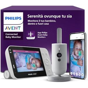 AVENT PHILIPS Avent Connected Baby Monitor con Wi-Fi, telecamera HD di alta qualità, visione notturna a infrarossi, rilevamento del pianto, audio bidirezionale, 12 ore di autonomia, modello SCD951/26