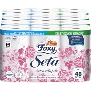 Foxy Seta | Carta igienica 200 strappi x 48 rotoli, 2 veli elevato spessore | Confezione riciclabile prodotta con plastica riciclata