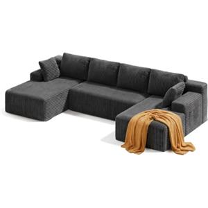 Xbro Divano Angolare Modulare a U in Velluto a Coste, Divano Componibile Grande 4 Posti con Seduta Profonda e Tasche Laterali, Divano Relax per Soggiorno Famiglia Open Space, 320 x 160 x 62 cm