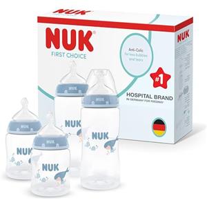 NUK First Choice Biberon | 0-3+ mesi | 150 ml & 300 ml | Biberon anti-colica | PP | Indicatore di controllo della temperatura | Balena | Confezione da 4
