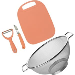 Fackelmann Set da Cucina Completo con Scolapasta in Acciaio Inox 20 cm e Accessori per Preparazione Alimenti - Tagliere Antiscivolo Senza BPA, Coltellino Multiuso e Pelaverdure Ergonomico