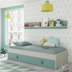 Dmora - Letto per bambini Lubbock, Struttura letto per cameretta, Letto con lettino estraibile e mensola, 201x98h43 cm, Bianco e Verde acqua