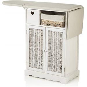 Baroni Home Montemaggi Mobile da Stiro Shabby Chic Bianco, Asse da Stiro con Mobile in Legno di Paulonia, 2 Sportelli ad Ante e 1 Cesto in Vimini, 66x37x87 cm, 2 ante + 1 cesta vimini