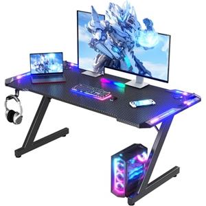 Homall Scrivania da gioco con luci LED, 120 x 60 cm, tavolo da gioco RGB a forma di Z, grande scrivania per computer con gancio per cuffie e portabicchieri, tavolo da gioco per casa e ufficio, nero
