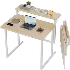 JUMMICO Tavolo Pieghevole per PC a Due Livelli 80 x 62 cm Beige | Design Moderno in Legno, Scrivania Compatta Salvaspazio, Supporto Integrato per Monitor, adatta per Ufficio e Scuola