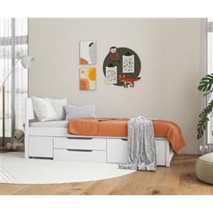 Inter Link, Letto singolo 90 x 200 cm, Letto a scomparsa con contenitore, Pino massiccio, 2 cassetti grandi e 1 cassetto, Base a doghe inclusa, Laccato bianco, Efetivo 140 x 200 cm