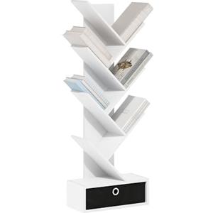 Furinno Tree Libreria Libreria ad albero da terra a 7 livelli con cassetto portaoggetti, Bianco/Nero