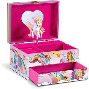 CRAZE - Portagioie Musicale per Bambina, Modello Galupy Unicorn, Carillon con Cassetto Estraibile, Interno in Velluto, Specchio e Unicorno Girevole