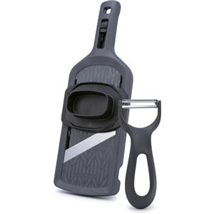 Fackelmann Set mandolina da cucina regolabile, pelaverdure professionale in acciaio inox, affettaverdure multifunzione con 4 spessori, sbucciatore ergonomico per patate, carote, zucchine
