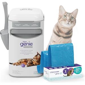 Litter Genie Platinum, cestino per lettiera per gatti con controllo degli odori, in acciaio inox resistente, colore bianco, facile da usare e da mantenere, 1 ricarica per 3 mesi, 12 sacchetti e