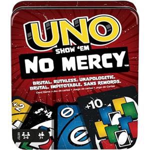 Mattel Games - UNO No Mercy, la versione di UNO più brutale di sempre, Multicolore confezione in metallo, con 56 nuove carte, regole speciali 10, giocattolo per bambini, 7+ anni, HXT57