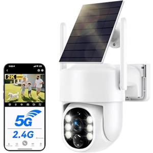 WESECUU Telecamera di sorveglianza WiFi esterna senza fili solare 2.5 K 4 MP con pannello solare 5 W, 2 K QHD, batteria 8000 mAh, 2.4 Ghz e 5 GHz Wi-FI, 360° PTZ monitoraggio automatico, IP66, PIR