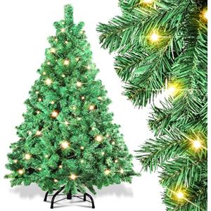 Randaco Albero di Natale artificiale con illuminazione, 120 cm, 340 punte progettate con apertura automatica, in PVC, 150 LED, luce bianca calda, con supporto in metallo, difficilmente infiammabile