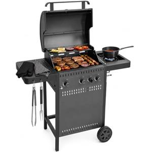 Amig - Barbecue a gas IGNIS 3+1 (3 bruciatori + 1 laterale) - 117 x 55 x 110 cm - Superficie di cottura 54 x 38 cm - Con termometro, ripiani laterali, ruote e griglia in ghisa - Nero